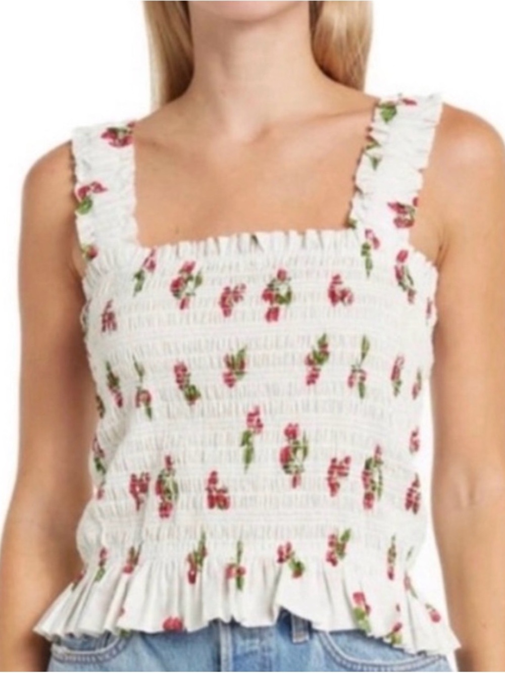 Wayf White Smocked Floral Ruffle Strap Camisole